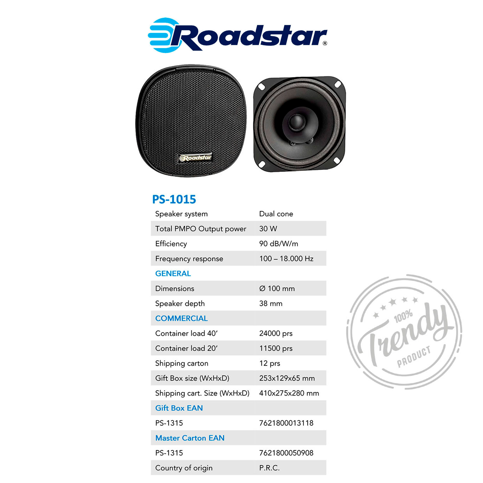 Roadstar PS1015 Altavoces de Coche 10 cm, Coaxial, Audio 2 Vías, 2 Altavoces,  PMPO 30W, 90dB, 100-18000Hz