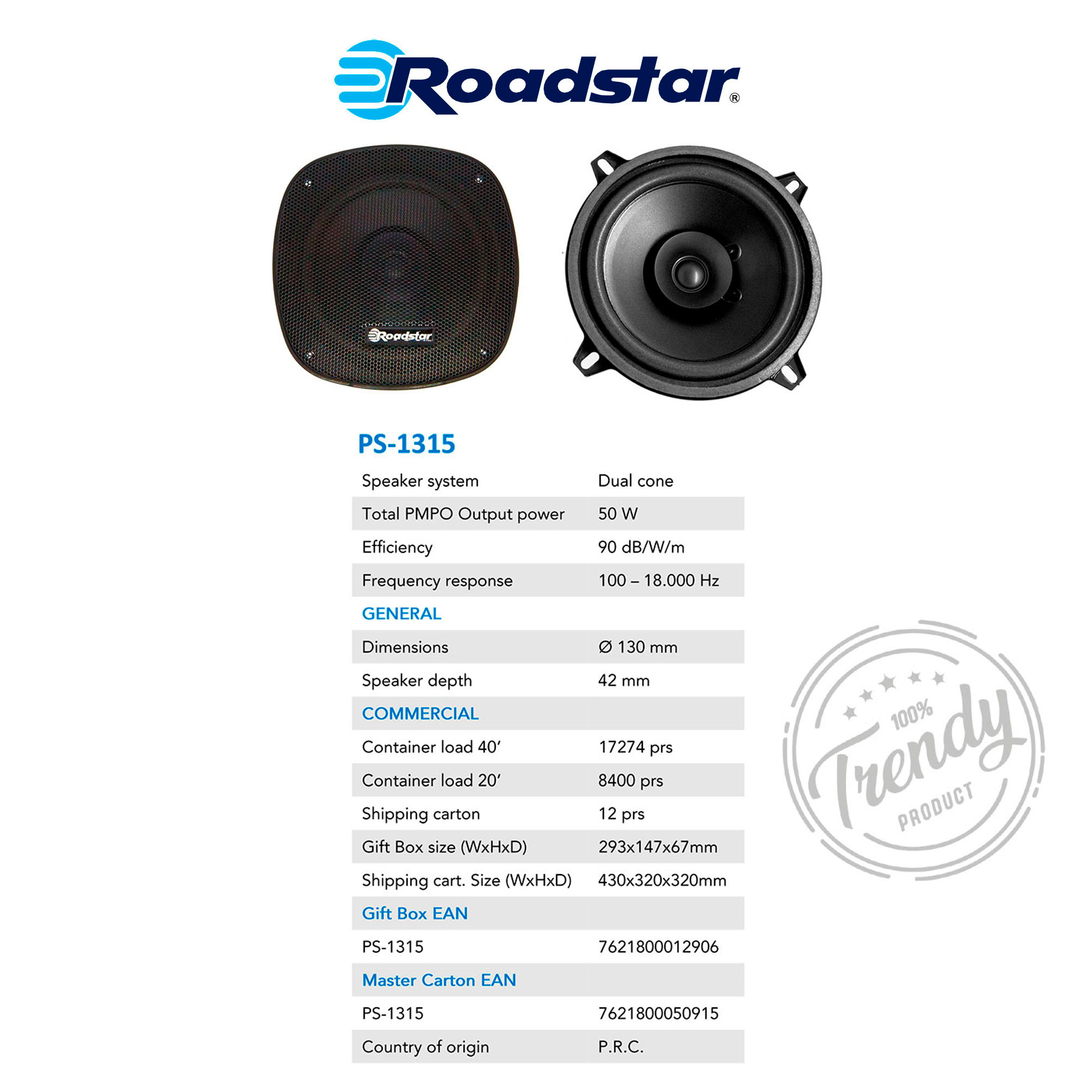 Roadstar PS1315 Altavoces de Coche 13cm, Coaxial, Audio 2 Vías, 2 Altavoces,  PMPO 50W, 90dB, 100-18000Hz
