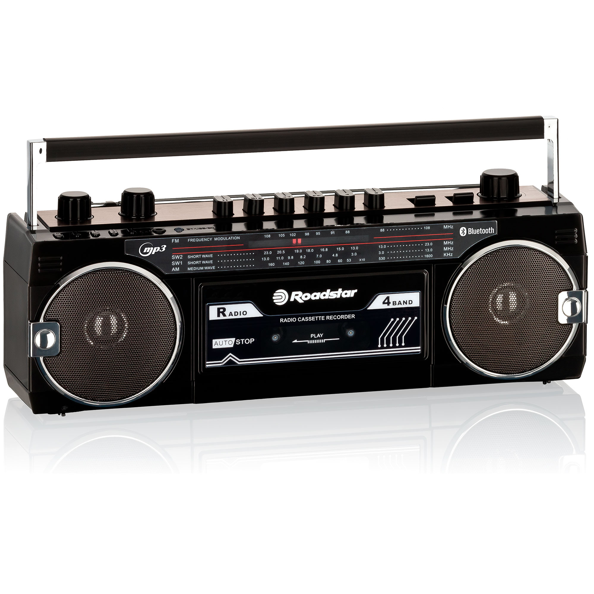 Roadstar RCR-3025EBT/BK Radio Cassette Vintage Años 80 Portátil Multibanda  AM /FM /SW, Bluetooth, Retro Boombox Reproductor Grabador a Cinta, USB y  Tarjeta SD, Conexión Auriculares, Negro
