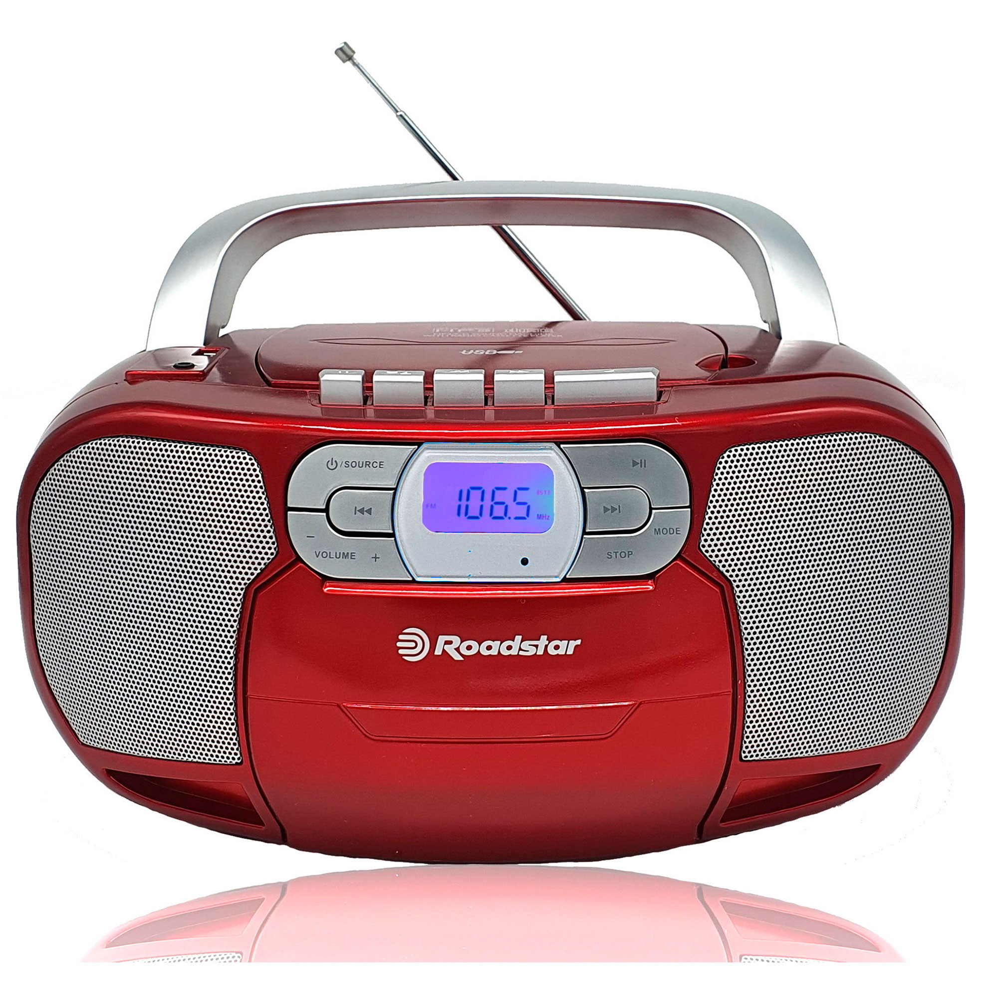 Roadstar RCR-4635UMP/RD Radio CD Portátil Cassette, Radio Digital PLL FM,  Boombox Reproductor CD-MP3, USB, AUX-IN, Salida de Auriculares, Rojo