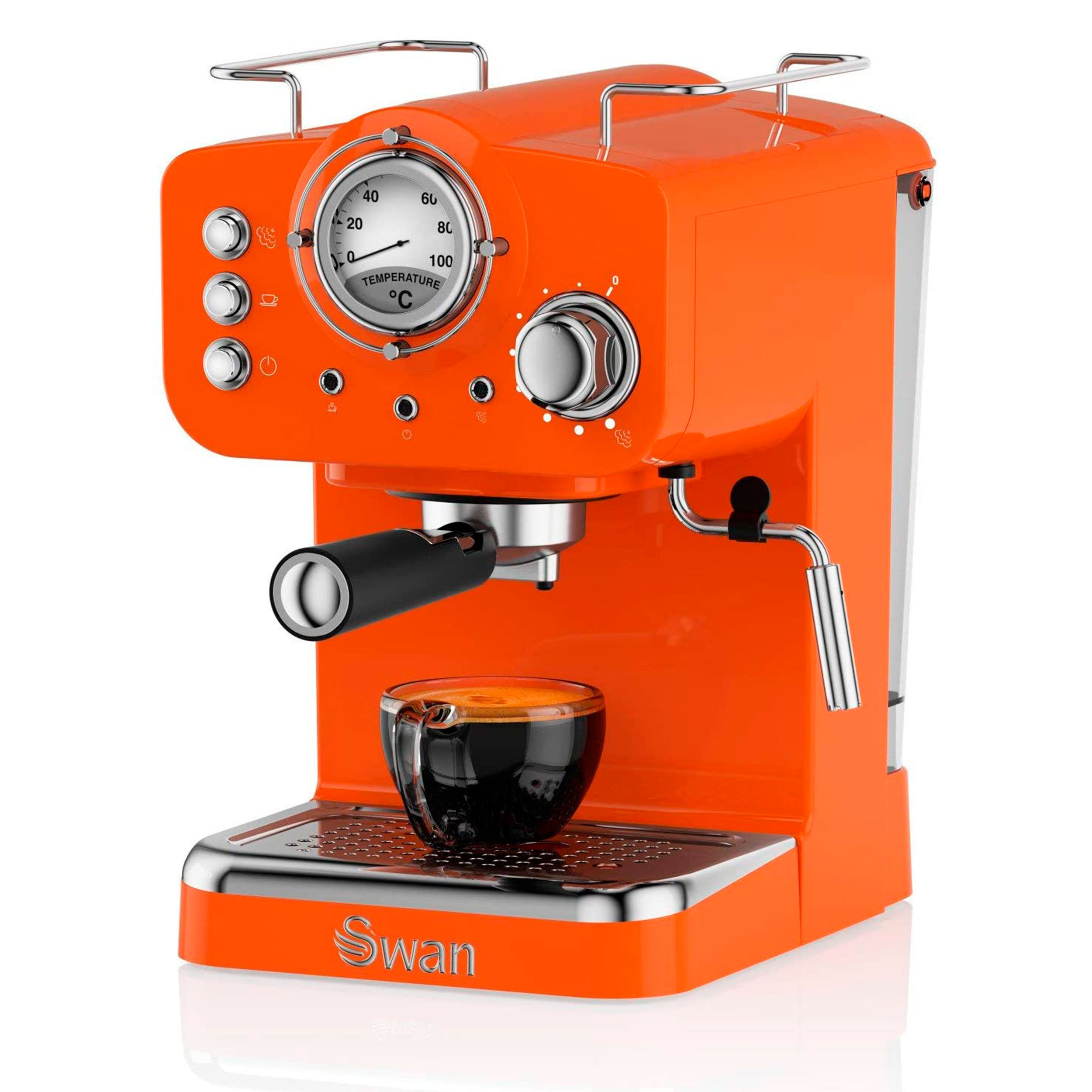Swan Retro SK22110ON Cafetera Express para Espresso y Cappucino, 15 Bares  Presión, Vaporizador, Capacidad 1,2 Litros, 1 o 2 Tazas, Café Molido ,  Diseño Vintage, Naranja, 1100W