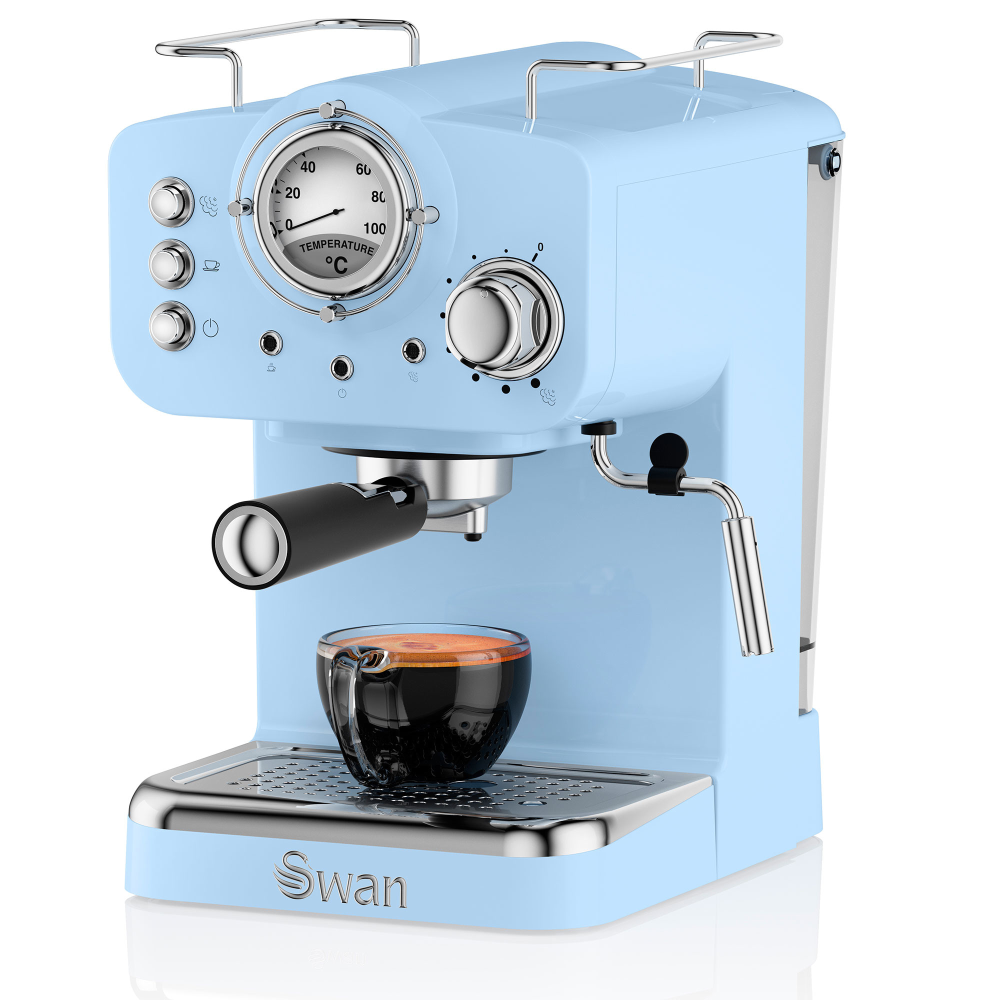 Swan Retro SK22110BLN Cafetera Express para Espresso y Cappucino, 15 Bares  Presión, Vaporizador, Capacidad 1,2 Litros, 1 o 2 Tazas, Café Molido,  Diseño Vintage, Azul, 1100W