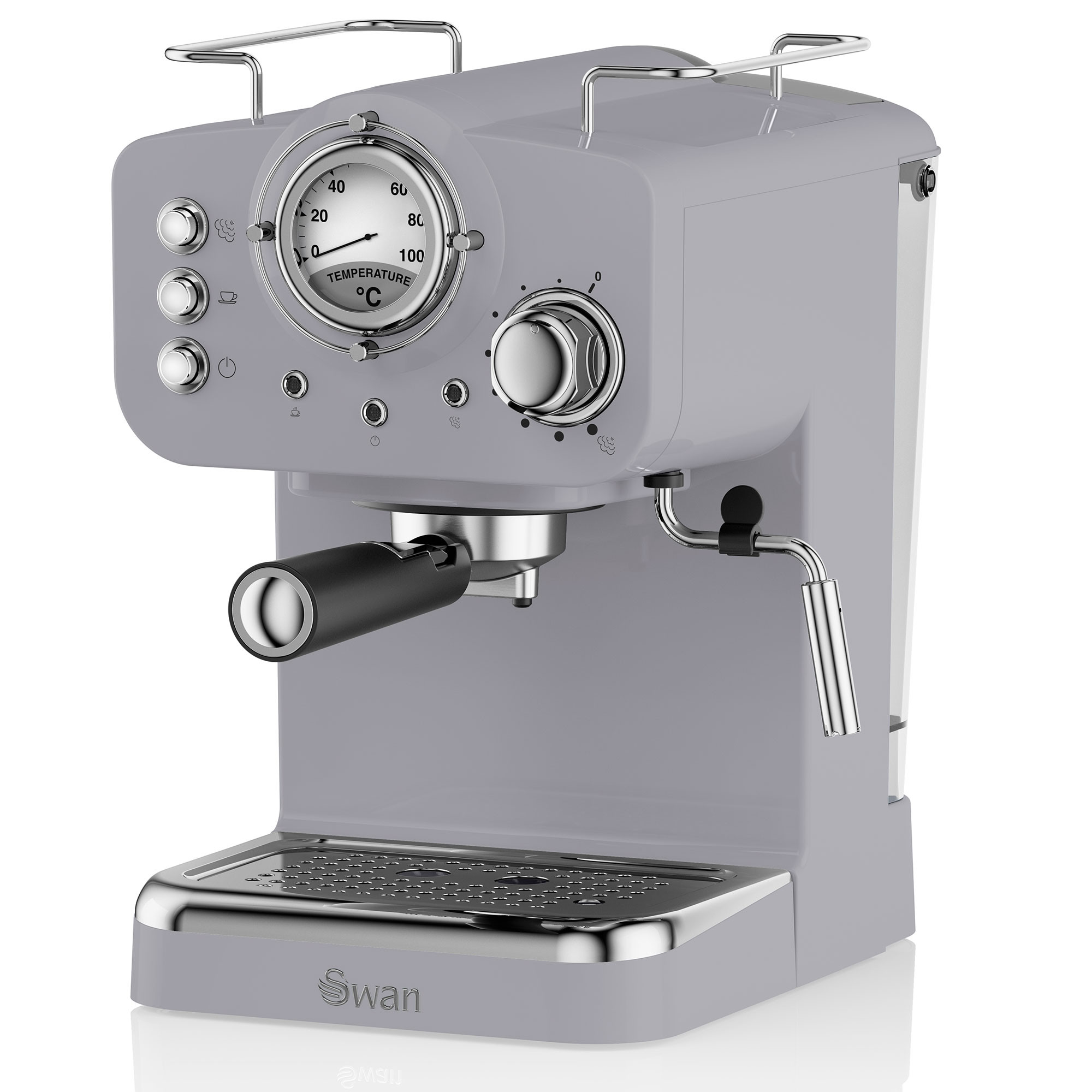 Swan Retro SK22110GRN Cafetera Express para Espresso y Cappucino, 15 Bares Presión, Vaporizador, Capacidad 1,2 Litros, 1 o 2 Café Molido, Diseño Vintage, Gris, 1100W