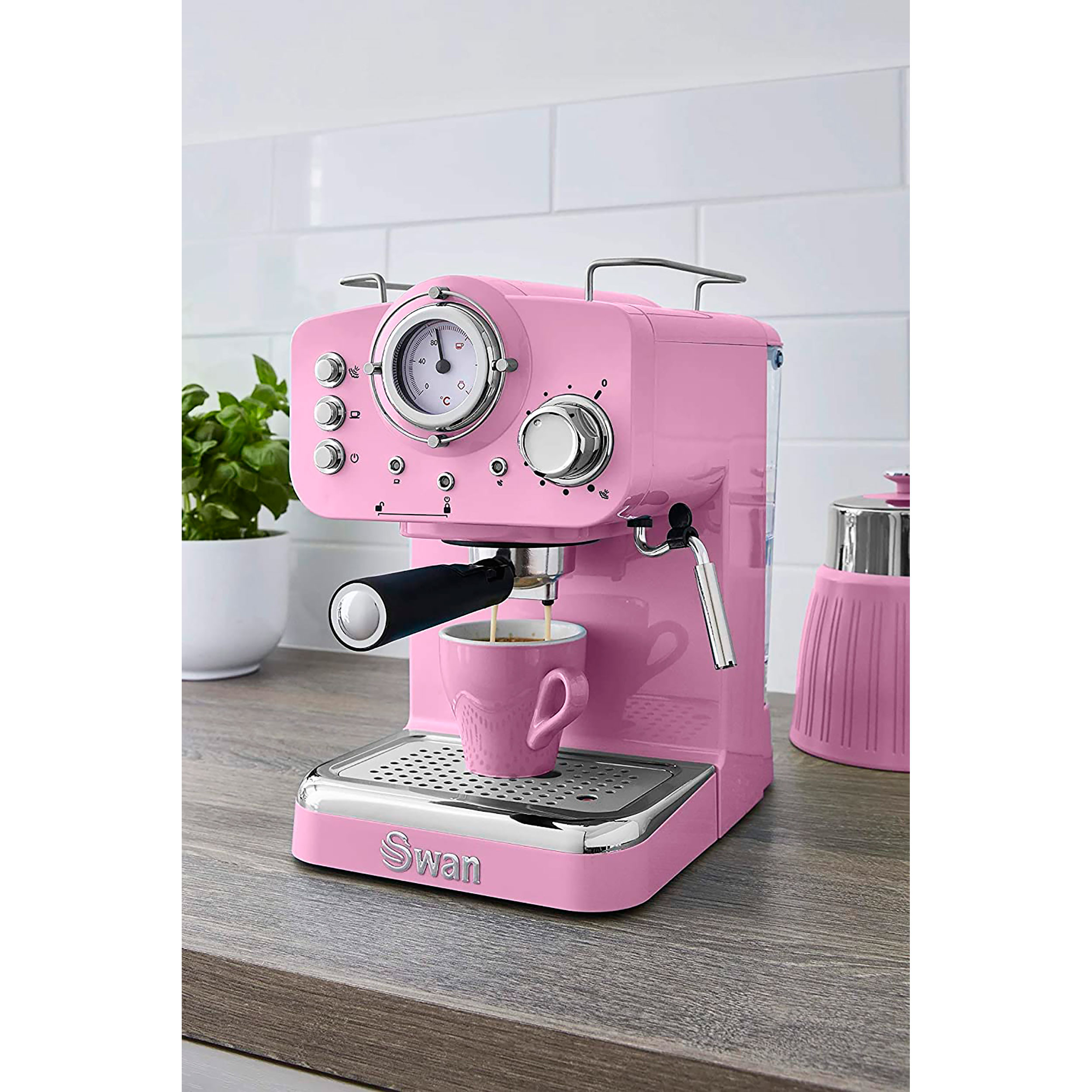 Swan Retro SK22110PN Cafetera Express para Espresso y Cappucino, 15 Bares  Presión, Vaporizador, Capacidad 1,2 Litros, 1 o 2 Tazas, Café Molido,  Diseño Vintage, Rosa, 1100W
