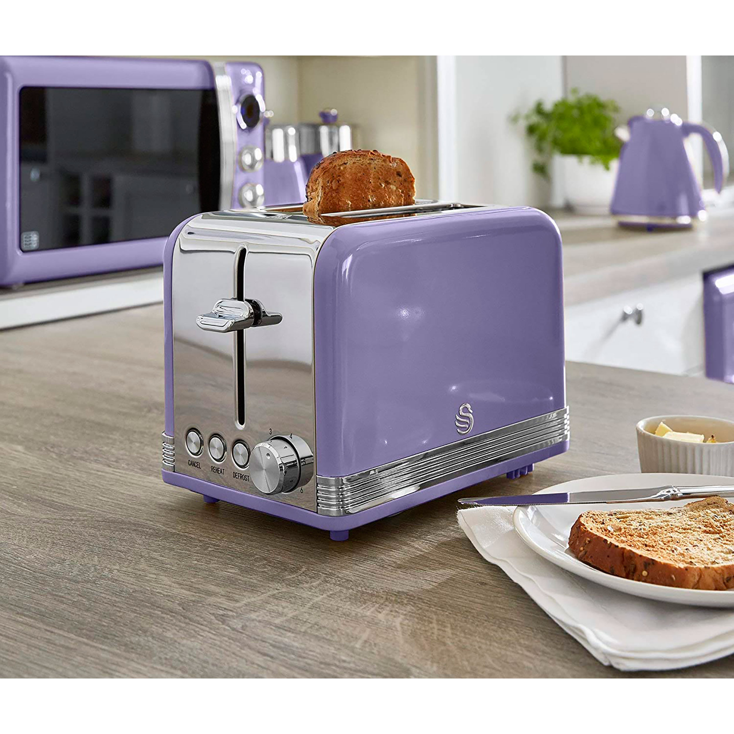 Swan Retro ST19010PURN Tostadora Pan Ranura Ancha 2 Rebanadas