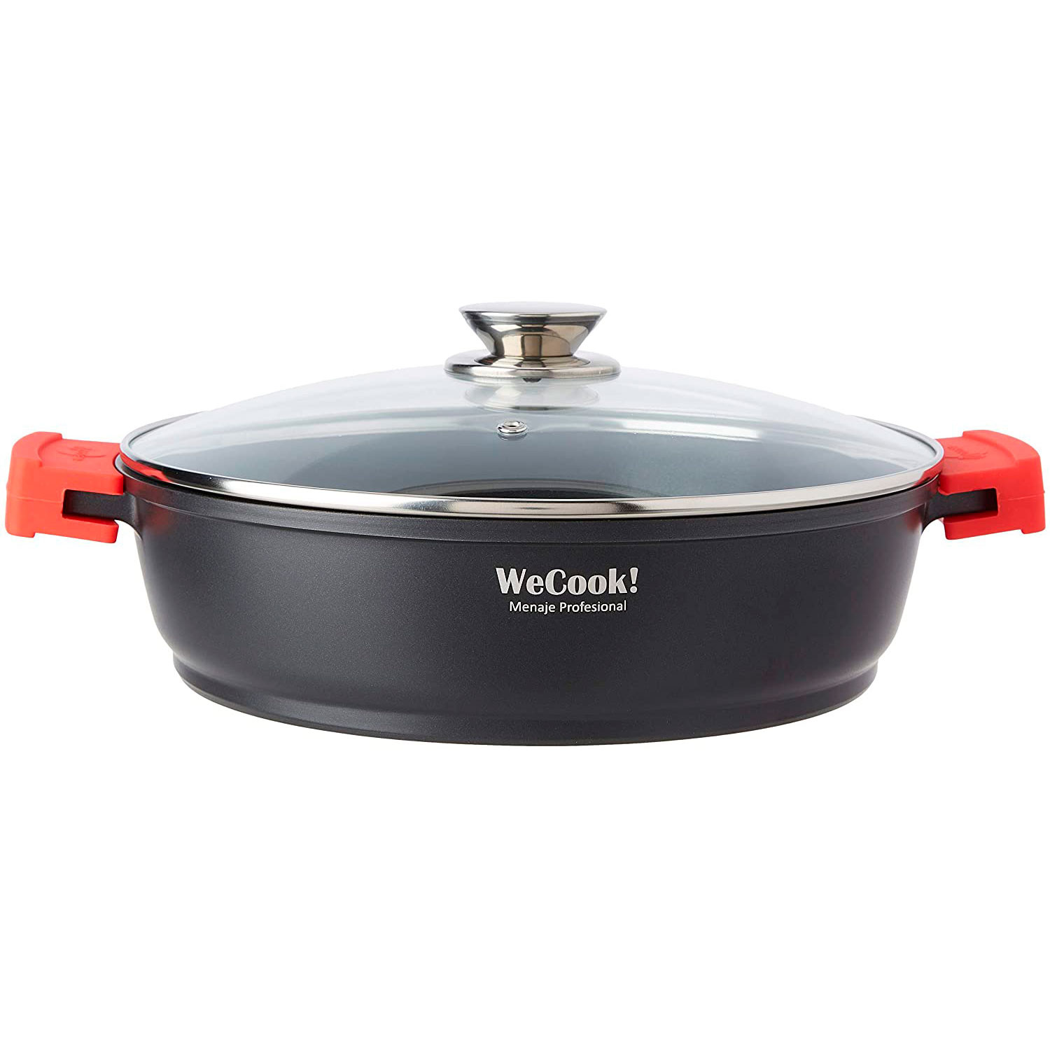 WECOOK! Ecostone Cazuela Baja Inducción con Tapa de Cristal 24cm,  Antiadherente XTRA DUPONT Ecológico sin PFOA, Aluminio Fundido, 5mm  Espesor, Asas de Silicona, Vitrocerámica, Gas, Horno