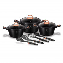 Berlinger Haus Black Rose Batería Cocina Inducción 10 Piezas, Antiadherente Marmol sin PFOA, Aluminio, Set 3 Cazuelas 20-24-28cm, 3 Tapas Cristal, 4 Utensilios, Diseño Moderno, Vitrocerámica, Gas ?>