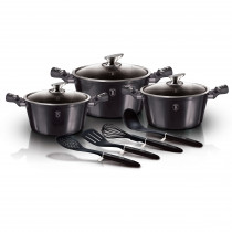 Berlinger Haus Carbon Pro Batería Cocina Inducción 10 Piezas, Antiadherente Marmol sin PFOA, Aluminio, Set 3 Cazuelas 3 Tapas Cristal, 4 Utensilios de Cocina, Diseño Metallic Line, Vitrocerámica ?>