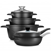 briebe Batería Cocina Inducción 10 Piezas, Juego 3 Ollas Aluminio Fundido + 2 Sartenes, Antiadherente ILAG GRANITEC sin PFOA, Set Cazuelas Tapas Cristal, Guantes Silicona, Vitrocerámica, Gas, Horno ?>