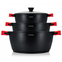 briebe Black Titanium Batería Cocina Inducción 6 Piezas Antiadherente Titanio, Juego 3 Ollas Aluminio Fundido sin PFOA, Set Cazuelas Tapas Cristal, Asas Silicona Extraíbles, Vitrocerámica, Gas, Horno ?>