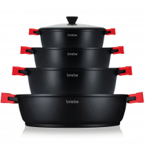 briebe Black Titanium Batería Cocina Inducción 8 Piezas Antiadherente Titanio, Juego 4 Ollas Aluminio Fundido sin PFOA, Set Cazuelas Tapas Cristal, Asas Silicona Extraíbles, Vitrocerámica, Gas, Horno ?>