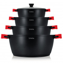 briebe Black Titanium Batería Cocina Inducción 8 Piezas Antiadherente Titanio, Juego 4 Ollas Aluminio Fundido sin PFOA, Set Cazuelas Tapas Cristal, Asas Silicona Extraíbles, Vitrocerámica, Gas, Horno ?>