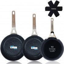 briebe Black Titanium Juego de 3 Sartenes Antiadherentes Inducción Titanio 18-20-24cm, Aluminio Forjado Recubrimiento sin PFOA, Mango Profesional Acero Inox, Vitrocerámica, Gas, 3 Protectores ?>