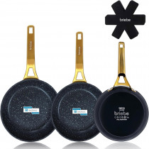 briebe Gold Titanium Juego de 3 Sartenes Antiadherentes Inducción Titanio 18-20-24cm, Aluminio Forjado Recubrimiento sin PFOA, Mango Profesional Acero Inox, Vitrocerámica, Gas, 3 Protectores ?>