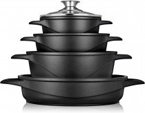 briebe MGK-17 Batería Cocina Inducción 8 Piezas, Juego 4 Ollas Aluminio Fundido, Antiadherente ILAG GRANITEC sin PFOA, Set Cazuelas Tapas Cristal, Guantes Silicona, Vitrocerámica, Gas, Horno ?>