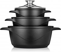 briebe MGK-18 Batería Cocina Inducción 6 Piezas, Juego 3 Ollas Aluminio Fundido, Antiadherente ILAG GRANITEC sin PFOA, Set Cazuelas Tapas Cristal, Guantes Silicona, Vitrocerámica, Gas, Horno ?>