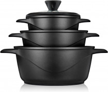 briebe MGK-18S Batería Cocina Inducción 6 Piezas, Juego 3 Ollas Aluminio Fundido, Antiadherente ILAG GRANITEC sin PFOA, Set Cazuelas Tapas Cristal, Guantes Silicona, Vitrocerámica, Gas, Horno ?>