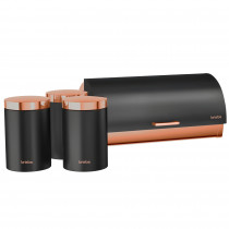 briebe Set Panera de Mesa + Juego de 3 Botes Cocina Almacenaje, Acero Inoxidable, Contenedor para Guardar Pan y Bollería, Tapa Deslizante, Diseño Moderno, Bread Box, Negro Mate / Oro Ros ?>