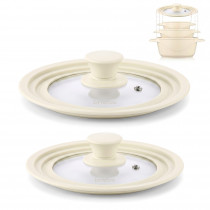 briebe TotaLid Juego de 2 Tapas de Sartén Universal con Borde de Silicona y Cristal Templado, Multidiámetro 16-18-20cm y 24-26-28cm, sin BPA, para Ollas, Cazuelas, Válvula de Vapor, Cream ?>