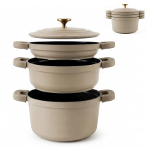 briebe Totem Batería Cocina Inducción Apilable 4 Piezas Ø 22cm Sartén + 2 Cacerolas + Tapa, Antiadherente Cerámico sin PFOA, Aluminio Fundido, Asas de Silicona Extraíbles, Todo Tipo Cocinas, Crema ?>