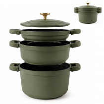 briebe Totem Batería Cocina Inducción Apilable 4 Piezas Ø 22cm Sartén + 2 Cacerolas + Tapa, Antiadherente Cerámico sin PFOA, Aluminio Fundido, Asas de Silicona Extraíbles, Todo Tipo Cocinas, Verde ?>