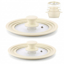 briebe TotaLid Juego de 2 Tapas de Sartén Universal con Borde de Silicona y Cristal Templado, Multidiámetro 16-18-20cm y 24-26-28cm, sin BPA, para Ollas, Cazuelas, Válvula de Vapor, Cream ?>