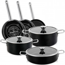 Magefesa Ares Batería Cocina Inducción 9 Piezas, Antiadherente Libre PFOA Esmalte Exterior Negro Mate, Set Cazuelas Tapa Vidrio, Sartenes, Herrajes Inox Satinados, Retro Estilo Vintage ?>