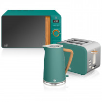Swan Nordic Set Desayuno Hervidor de agua 1,7L 3000W, Tostadora Pan ranura ancha 2 rebanadas, Microondas 20L digital, diseño moderno, efecto madera, verde ?>