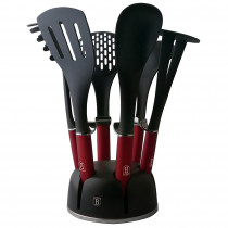 Berlinger Haus Burgundy Set Utensilios Cocina de Nylon 6 Piezas + Soporte Giratorio 360°, Antiadherentes Libre de BPA, Mango Color Metalizado, Resistentes al Calor, Diseño Metallic Line, Rojo