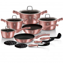 Berlinger Haus I-Rose Batería Cocina Inducción 15 Piezas, Antiadherente Titanio sin PFOA, Aluminio, Set 3 Cazuelas, 4 Tapas Cristal, 1 Cazo, 2 Sartenes, 3 Utensilios, 2 Salva Manteles, Vitrocerámica