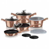 Berlinger Haus Rose Gold Batería Cocina Inducción 13 Piezas, Antiadherente Titanio sin PFOA, Aluminio, Set 3 Cazuelas, 3 Tapas Cristal 3 Herméticas, 2 Sartenes, 2 Salva Manteles, Vitrocerámica