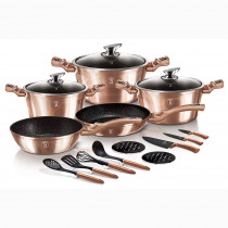 Berlinger Haus Rose Gold Batería Cocina Inducción 17 Piezas, Antiadherente Mármol sin PFOA, Aluminio, Set 3 Cazuelas, 3 Tapas Cristal, 2 Sartenes, 3 Cuchillos, 4 Utensilios, 2 Salvamanteles, Diseño