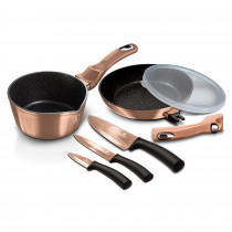 Berlinger Haus Rose Gold Batería Cocina Inducción 6 Piezas, Sartén Mango Extraíble Antiadherente sin PFOA, Aluminio Forjado, Cazo, Set 3 Cuchillos Profesionales de Cocina, Tapa Hermética