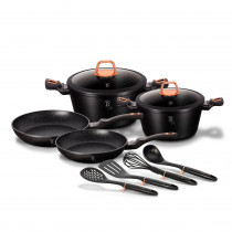 Berlinger Haus Black Rose Batería Cocina Inducción 10 Piezas, Antiadherente Marmol sin PFOA, Aluminio, Set 2 Cazuelas, 2 Tapas Cristal, 2 Sartenes , 4 Utensilios, Diseño Moderno, Vitrocerámica, Gas