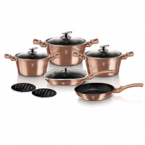 Berlinger Haus Rose Gold Batería Cocina Inducción 11 Piezas, Antiadherente Marmol sin PFOA, Aluminio, Set 3 Cazuelas, 4 Tapas Cristal, 2 Sartenes, 2 Salva Manteles, Diseño Metallic Line, Vitrocerámica