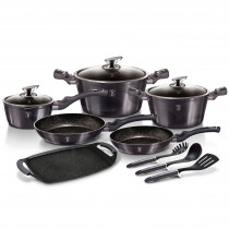 Berlinger Haus Carbon Pro Batería Cocina Inducción 12 Piezas, Antiadherente Marmol sin PFOA, Aluminio, Set 2 Cazuelas, 3 Tapas Cristal, 1 Cazo, 1 Plancha, 2 Sartenes, 3 Utensilios, Diseño Metallic Line