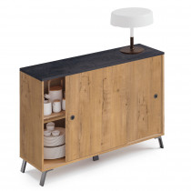briebe Aparador Salón, Mueble Comedor Auxiliar, Buffet, 2 Puertas Correderas 87x120x40 cm (Alto x Ancho x Profundo) Recibidor, Diseño Moderno, Lys Roble Gold/ Imitación Mármol