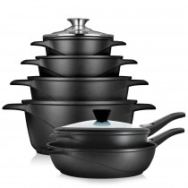 briebe Batería Cocina Inducción 12 Piezas, Juego 4 Ollas Aluminio Fundido + 2 Sartenes, Antiadherente ILAG GRANITEC sin PFOA, Set Cazuelas Tapas Cristal, Guantes Silicona, Vitrocerámica, Gas, Horno