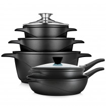 briebe Batería Cocina Inducción 10 Piezas, Juego 3 Ollas Aluminio Fundido + 2 Sartenes, Antiadherente ILAG GRANITEC sin PFOA, Set Cazuelas Tapas Cristal, Guantes Silicona, Vitrocerámica, Gas, Horno