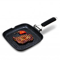 briebe Black Titanium Grill Asador Rayas, Inducción, Antiadherente Titanio, Sartén Plancha 24x24cm Aluminio Fundido sin PFOA, Mango Plegable, Apto Vitrocerámica, Gas