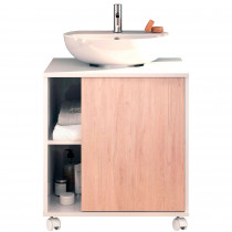 briebe Mueble Baño Bajo Lavabo Pie Armario Auxiliar para Lavabos con o sin Pedestal 64x59x45 cm, 1 Puerta, Espacio de Almacenamiento 6 Estantes, Esencia Blanco Brillo / Roble Aurora