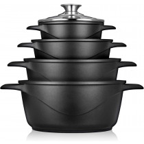 briebe MGK-12 Batería Cocina Inducción 8 Piezas, Juego 4 Ollas Aluminio Fundido, Antiadherente ILAG GRANITEC sin PFOA, Set Cazuelas Tapas Cristal, Guantes Silicona, Vitrocerámica, Gas, Horno