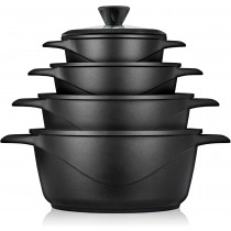 briebe MGK-12S Batería Cocina Inducción 8 Piezas, Juego 4 Ollas Aluminio Fundido, Antiadherente ILAG GRANITEC sin PFOA, Set Cazuelas Tapas Cristal, Guantes Silicona, Vitrocerámica, Gas, Horno