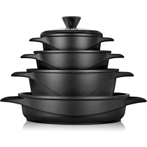 briebe MGK-17S Batería Cocina Inducción 8 Piezas, Juego 4 Ollas Aluminio Fundido, Antiadherente ILAG GRANITEC sin PFOA, Set Cazuelas Tapas Cristal, Guantes Silicona, Vitrocerámica, Gas, Horno