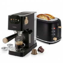 briebe Nordic Set Cafetera Espresso 20 Bares Cápsulas y Café Molido, Espumador Leche + Tostadora Ranura Ancha 2 Rebanadas, 6 Niveles Tostado, Pack Desayuno Diseño Nórdico Negro