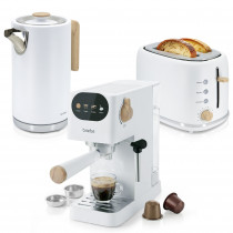 briebe Nordic Set Cafetera Espresso 20 Bares Cápsulas y Café Molido + Hervidor Agua Eléctrico 1,7L Inalámbrico 2200W + Tostadora Ranura Ancha 2 Rebanadas, Pack Desayuno Diseño Nórdico Blanco