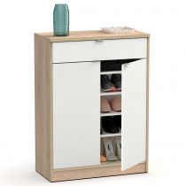 briebe Zapatero Entrada Recibidor, Mueble Auxiliar Estrecho Dormitorio, 2 Puertas, 1 Cajón 101x75x36 cm (Alto x Ancho x Profundo), 20 Pares Zapatos, Domus Blanco Alto Brillo / Roble Cambrian