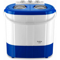 briebe Camp Mini Lavadora Portátil con Centrifugado, Camping, Capacidad Ropa 3Kg, Ideal Viajes, Camper y Autocaravanas, 2 Compartimentos, Carga Superior, Bajo Consumo Agua y Energía, Azul/Blanco