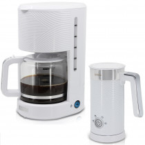 briebe Elegance Set Cafetera Goteo 10 Tazas + Espumador de Leche Eléctrico, Máquina de Café Filtro 1,25L, Milk Frother 4 en 1 Calentador 300ml, Espuma Fría/Caliente 130ml, Libre de BPA, Blanco