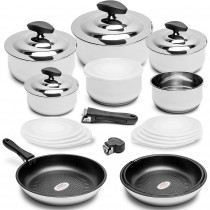 Callaway Frankfurt Batería Cocina Inducción, Asa Extraíble, 24 Pzas, Acero Inoxidable, Antiadherente, 3 Cacerolas, 2 Ollas, 1 Cazo, 3 Sartenes, 4 Tapas Inox + 8 Herméticas, 1 Asa + 2 Mangos, Apilable